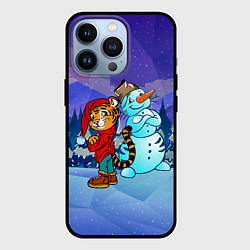 Чехол для iPhone 13 Pro Тигр и снеговик Новогодние, цвет: 3D-черный