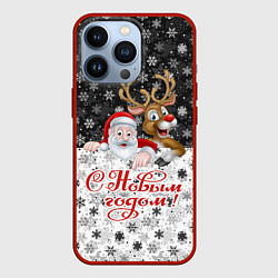 Чехол для iPhone 13 Pro С Новым Годом дед мороз и олень, цвет: 3D-красный
