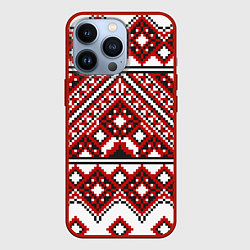 Чехол для iPhone 13 Pro Русский узор, геометрическая вышивка, цвет: 3D-красный