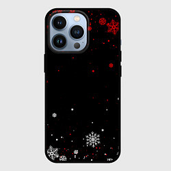 Чехол для iPhone 13 Pro КРАСНО БЕЛЫЕ СНЕЖИНКИ НА ЧЁРНОМ ФОНЕ, цвет: 3D-черный