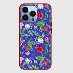 Чехол для iPhone 13 Pro Цветочки - синий фон - паттерн, цвет: 3D-красный