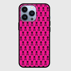 Чехол для iPhone 13 Pro Розовый фон с черепами паттерн, цвет: 3D-черный