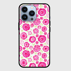 Чехол для iPhone 13 Pro Яркие розовые цветы в дудл стиле, абстракция, цвет: 3D-черный