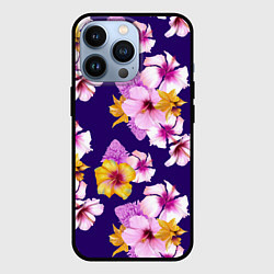 Чехол для iPhone 13 Pro Цветы Розовые Гибискус и Оранжевые Ирисы На Синем, цвет: 3D-черный