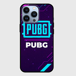 Чехол для iPhone 13 Pro Символ PUBG в неоновых цветах на темном фоне, цвет: 3D-черный