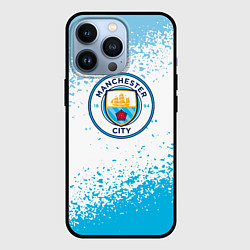 Чехол iPhone 13 Pro Manchester голубые брызги на белом фоне