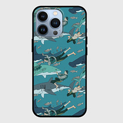 Чехол для iPhone 13 Pro Ныряльщики и акулы - паттерн, цвет: 3D-черный