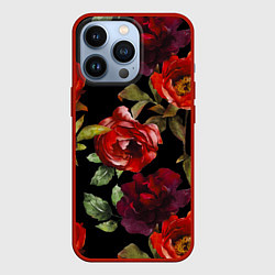 Чехол для iPhone 13 Pro Цветы Нарисованные Розы На Чёрном Фоне, цвет: 3D-красный