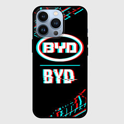 Чехол для iPhone 13 Pro Значок BYD в стиле glitch на темном фоне, цвет: 3D-черный