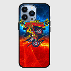 Чехол для iPhone 13 Pro Extreme motocross: мотоциклист на фоне огня, цвет: 3D-черный