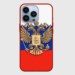 Чехол для iPhone 13 Pro Герб России на фоне флага, цвет: 3D-красный