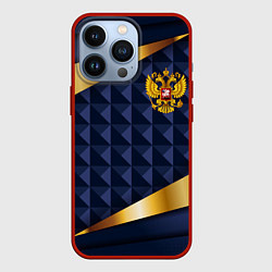 Чехол для iPhone 13 Pro Золотой герб России на объемном синим фоне, цвет: 3D-красный