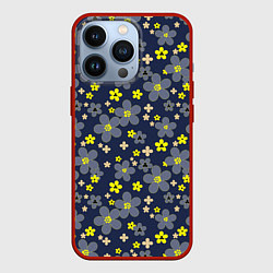 Чехол для iPhone 13 Pro Лимонного цвета цветы на серо-синем фоне, цвет: 3D-красный
