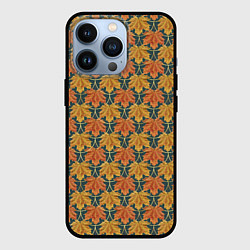 Чехол iPhone 13 Pro Осенние кленовые листья в золотой чешуей на бирюзо