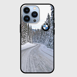 Чехол для iPhone 13 Pro BMW - зимняя дорога через лес, цвет: 3D-черный