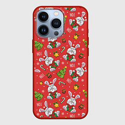 Чехол для iPhone 13 Pro Новогодний фон с кроликами, цвет: 3D-красный
