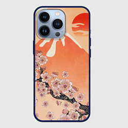Чехол для iPhone 13 Pro Ветка цветущей сакуры и вулкан, цвет: 3D-тёмно-синий