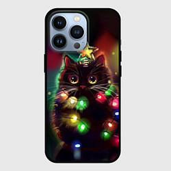 Чехол для iPhone 13 Pro Новогодний котик с гирляндой, цвет: 3D-черный