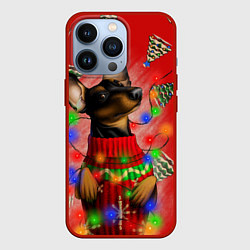 Чехол для iPhone 13 Pro Новогодняя такса на красном фоне с ёлками, цвет: 3D-красный