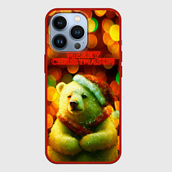 Чехол для iPhone 13 Pro Merry Christmas белый медвежонок, цвет: 3D-красный