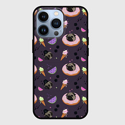 Чехол для iPhone 13 Pro Паттерн с мопсами и едой, цвет: 3D-черный