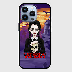 Чехол для iPhone 13 Pro Уэнсдэй с черепом в руках, цвет: 3D-черный
