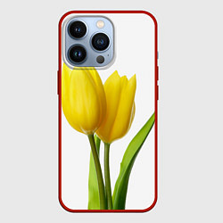 Чехол для iPhone 13 Pro Желтые тюльпаны на белом, цвет: 3D-красный
