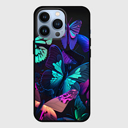 Чехол для iPhone 13 Pro Много неоновых бабочек, цвет: 3D-черный