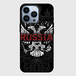 Чехол для iPhone 13 Pro Герб России с надписью Russia, цвет: 3D-черный