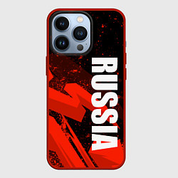 Чехол для iPhone 13 Pro Russia - белая надпись на красных брызгах, цвет: 3D-красный