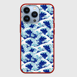 Чехол для iPhone 13 Pro Японские синие волны, цвет: 3D-красный