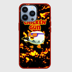 Чехол для iPhone 13 Pro Chicken Gun на фоне огня, цвет: 3D-красный