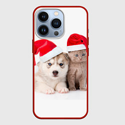 Чехол для iPhone 13 Pro Пёсик и котик в шапочках, цвет: 3D-красный