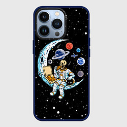 Чехол для iPhone 13 Pro Skeleton astronaut eats pizza while sitting on the, цвет: 3D-тёмно-синий