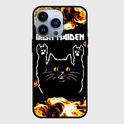 Чехол для iPhone 13 Pro Iron Maiden рок кот и огонь, цвет: 3D-черный