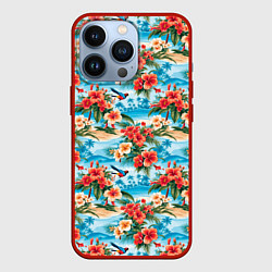 Чехол для iPhone 13 Pro Гавайский стиль летние цветы, цвет: 3D-красный
