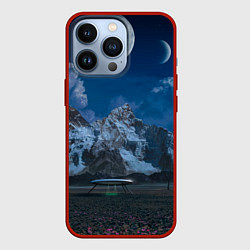 Чехол для iPhone 13 Pro Ночные горы в природе и небо с нло, цвет: 3D-красный