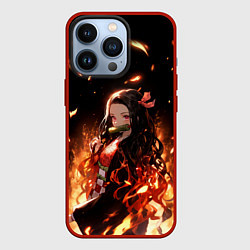 Чехол для iPhone 13 Pro Незуко и пламя - клинок, цвет: 3D-красный