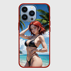 Чехол для iPhone 13 Pro Девушка с рыжими волосами на пляже, цвет: 3D-красный