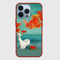 Чехол для iPhone 13 Pro Девочка с арбузом и золотая рыбка, цвет: 3D-красный