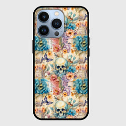 Чехол для iPhone 13 Pro Череп в цветах с бабочками узор, цвет: 3D-черный