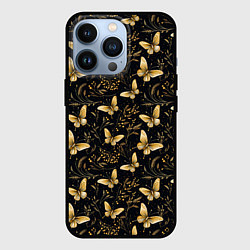 Чехол для iPhone 13 Pro Золотые бабочки на черном фоне, цвет: 3D-черный
