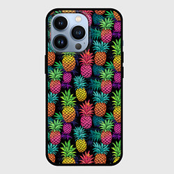 Чехол для iPhone 13 Pro Разноцветные ананасы паттерн, цвет: 3D-черный