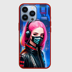 Чехол для iPhone 13 Pro Девушка с розовыми волосами - киберпанк, цвет: 3D-красный