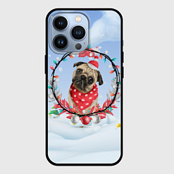 Чехол для iPhone 13 Pro Новогодний мопс, цвет: 3D-черный