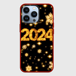 Чехол для iPhone 13 Pro Новый 2024 год - золотые снежинки, цвет: 3D-красный