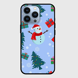 Чехол для iPhone 13 Pro Снеговики с новогодними подарками паттерн, цвет: 3D-черный