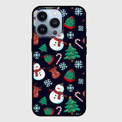 Чехол для iPhone 13 Pro Снеговички с рождественскими оленями и елками, цвет: 3D-черный
