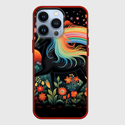 Чехол для iPhone 13 Pro Лошадка с радужной гривой в стиле фолк-арт, цвет: 3D-красный