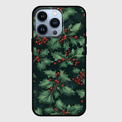 Чехол iPhone 13 Pro Новогодний паттерн с веточками падуба